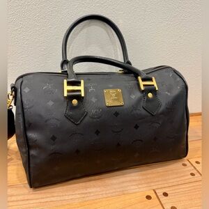 MCM Boston Bag, Black All Over Pattern w/Crossbody Strap EUC